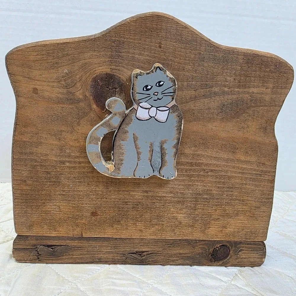 Vintage Cottage GrannyCore Wooden Cat Napkin Holder Heart Country Farmhouse Flaw